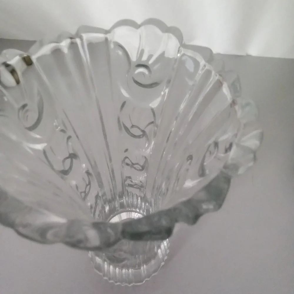 Vintage Clear Pressed Glass Scalloped Flared Vase Ornate Scroll Ribbed 8.5 Inch